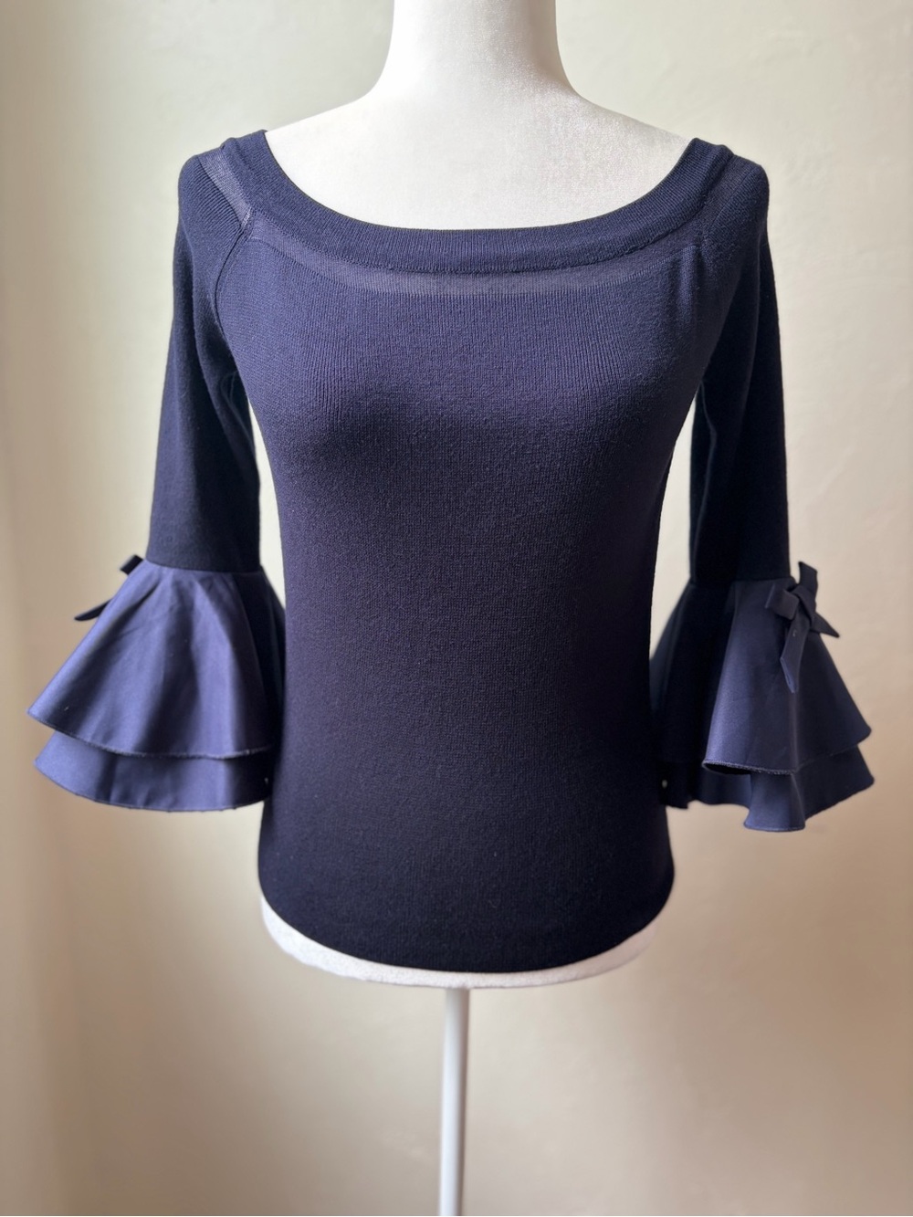 Catherine Malandrino Navy Statement Bell Sleeve Knit Top Size S